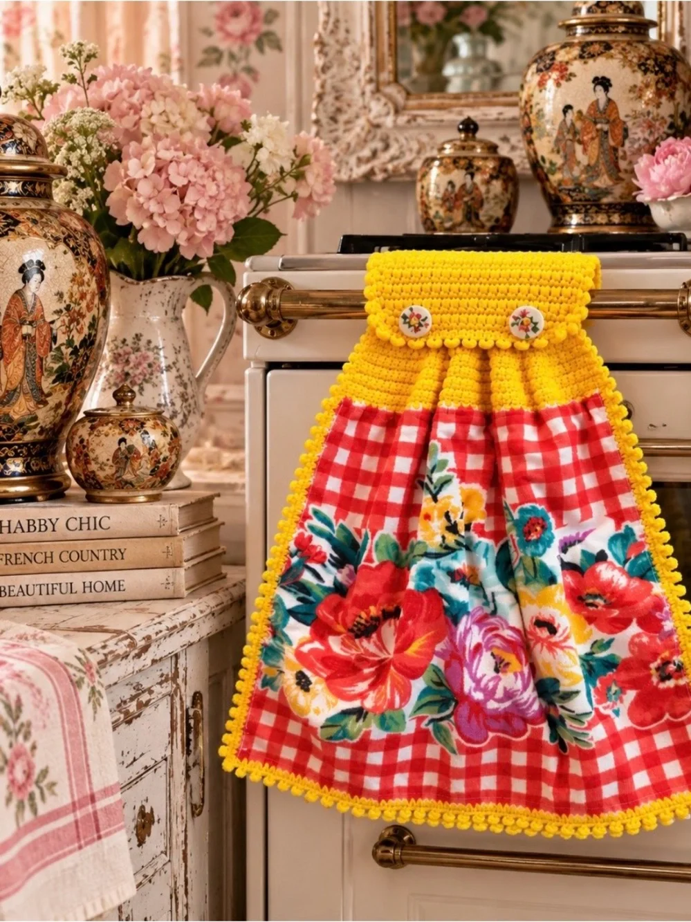 Pioneer Woman Floral Gingham Crochet Hanging Kitchen Towel